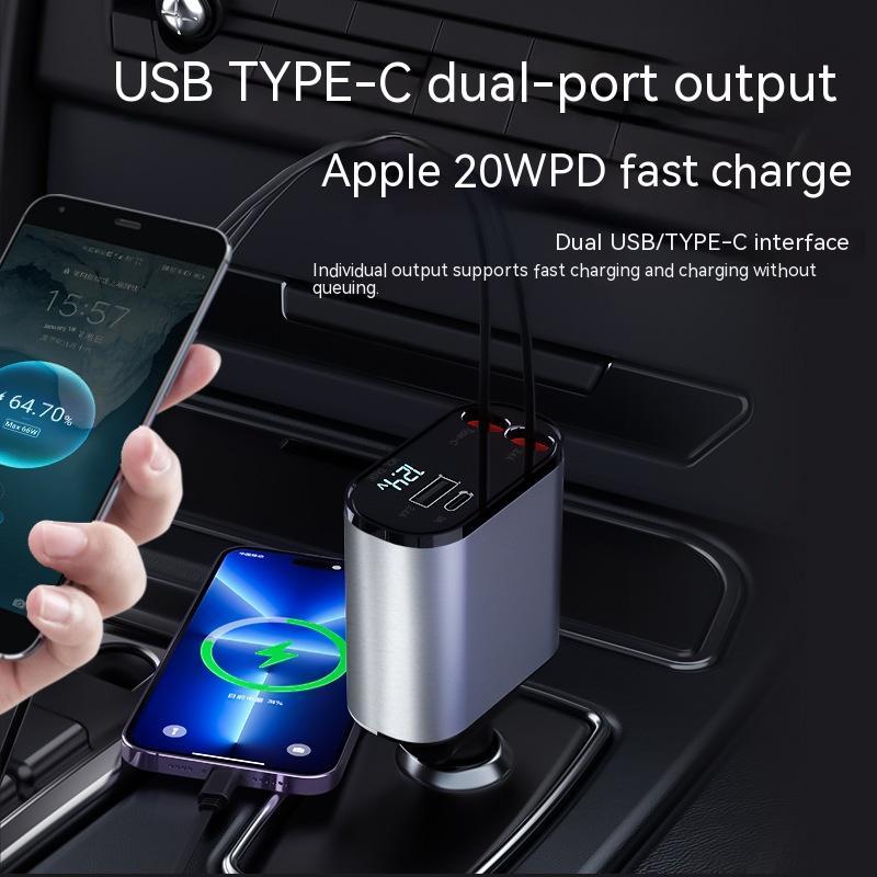 Retractable Car Charger, 100W Fast Car Charger, Zainzio Automotive, Cigarette Lighter Adapter, Type C Car Charger, Multi Port Phone Charger, Voltage Display Car Adapter