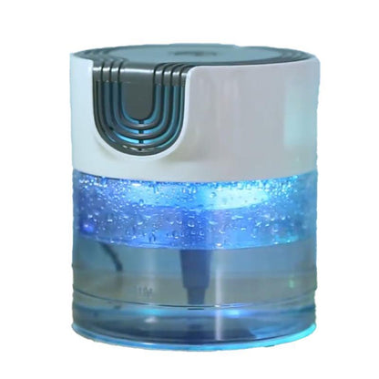 A cylindrical Zainzio water-based air purifier with a white top and a clear blue water tank illuminated by LED lights.