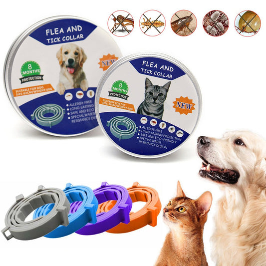 Flea and tick collar packaging with images of a dog, cat, and various pests on a white background.