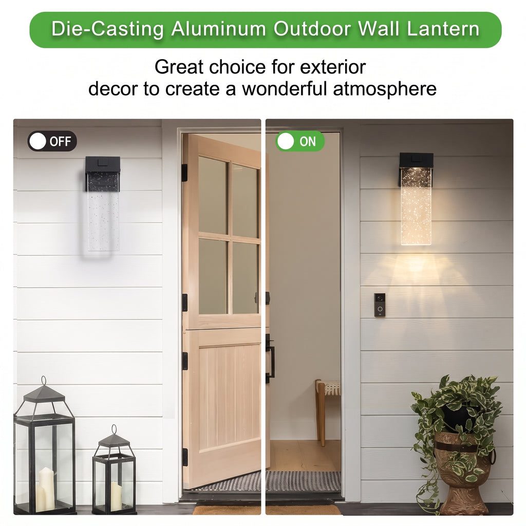 Die-casting aluminum outdoor wall lantern shown in a split before-and-after view of a home entryway. The left side shows the lantern switched OFF, casting a dark shadow, while the right side shows it switched ON, casting a warm light beam.
