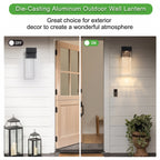 Die-casting aluminum outdoor wall lantern shown in a split before-and-after view of a home entryway. The left side shows the lantern switched OFF, casting a dark shadow, while the right side shows it switched ON, casting a warm light beam.