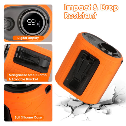 Orange device with features highlighted on a white background