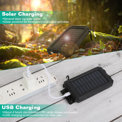 Solar Power Bank, Outdoor Portable Charger, Zainzio Survival, Camping Power Pack, Dual USB Charger, Compass Power Bank, SOS LED Flashlight