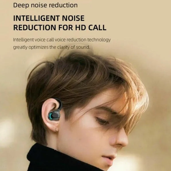 Person wearing a wireless earbud with text about deep noise reduction for HD calls.