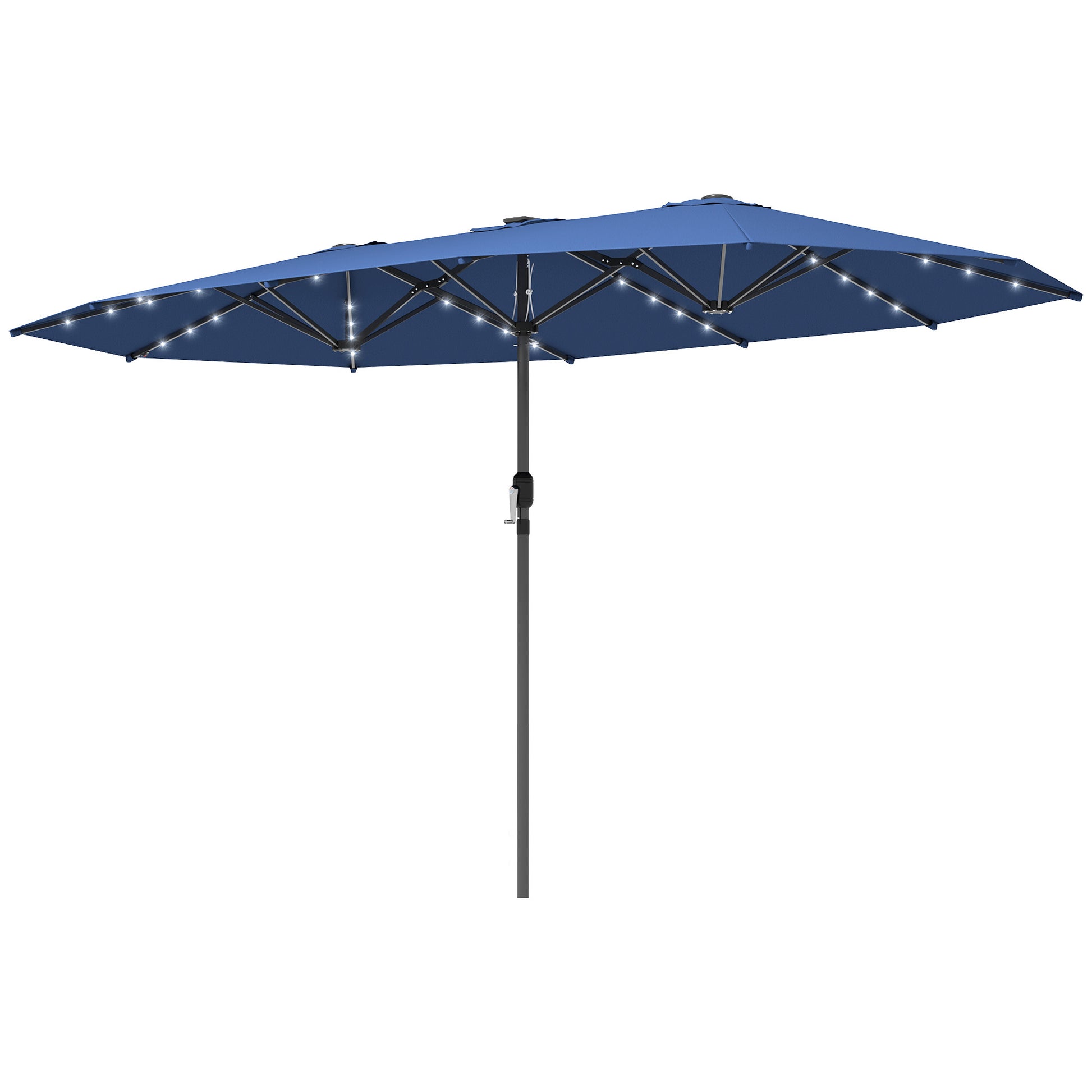 Blue patio umbrella with LED lights on a white background