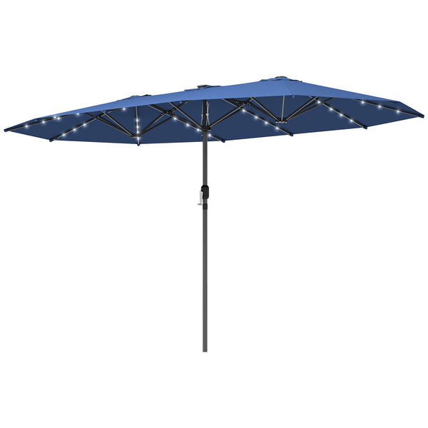 Blue patio umbrella with LED lights on a white background