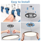 A four-panel installation guide showing how to mount and connect a round ceiling light. The panels include a close-up of a switch, arrows indicating ceiling mounting, hands connecting wires, and the light turned on.