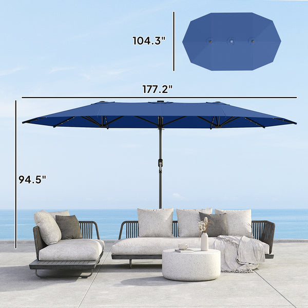 Blue patio umbrella with dimensions displayed over a patio set.