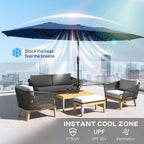 Outdoor furniture set with a large umbrella on a rooftop with a cityscape view, featuring text about instant cool zone.