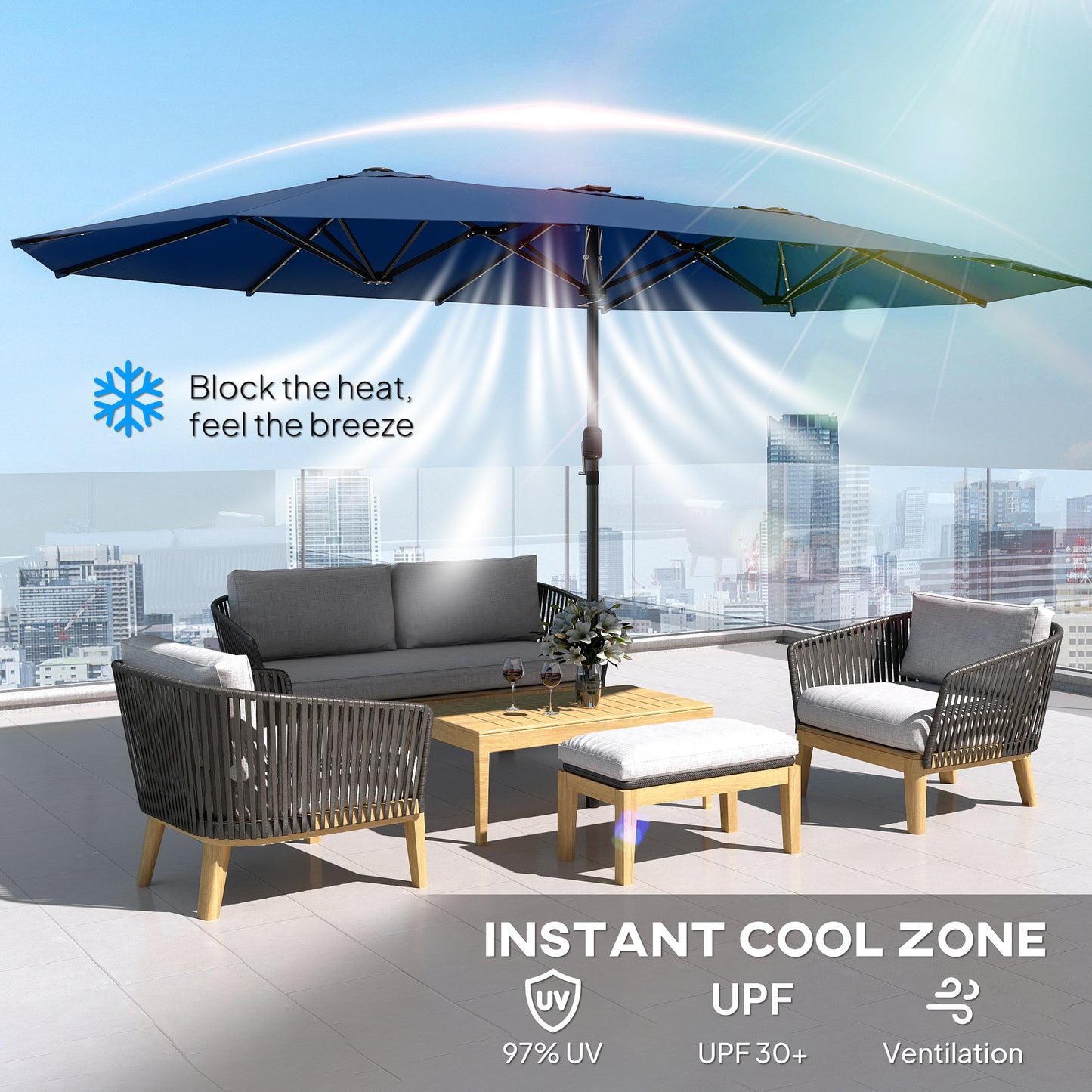 Outdoor furniture set with a large umbrella on a rooftop with a cityscape view, featuring text about instant cool zone.