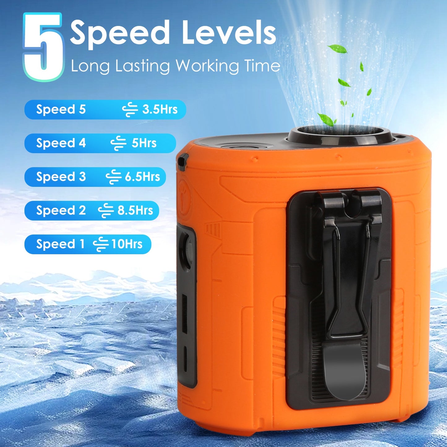 Orange and black device with speed levels and working time on a blue water background