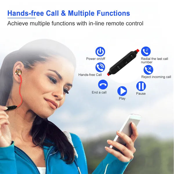 Woman using a phone with in-line remote control and outdoor background