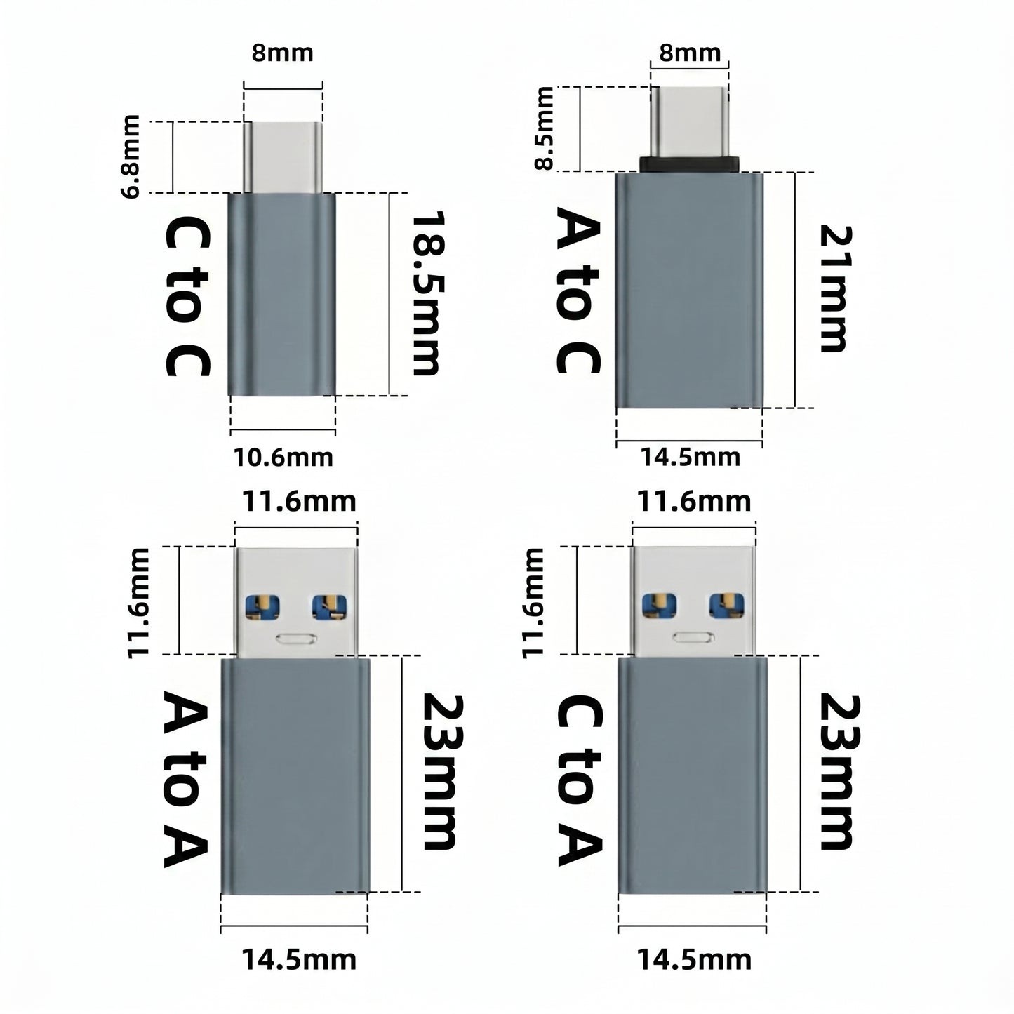 Four blue-gray USB adapters are shown with their dimensions: C to C (18.5mm), A to C (21mm), A to A (23mm), and C to A (23mm).