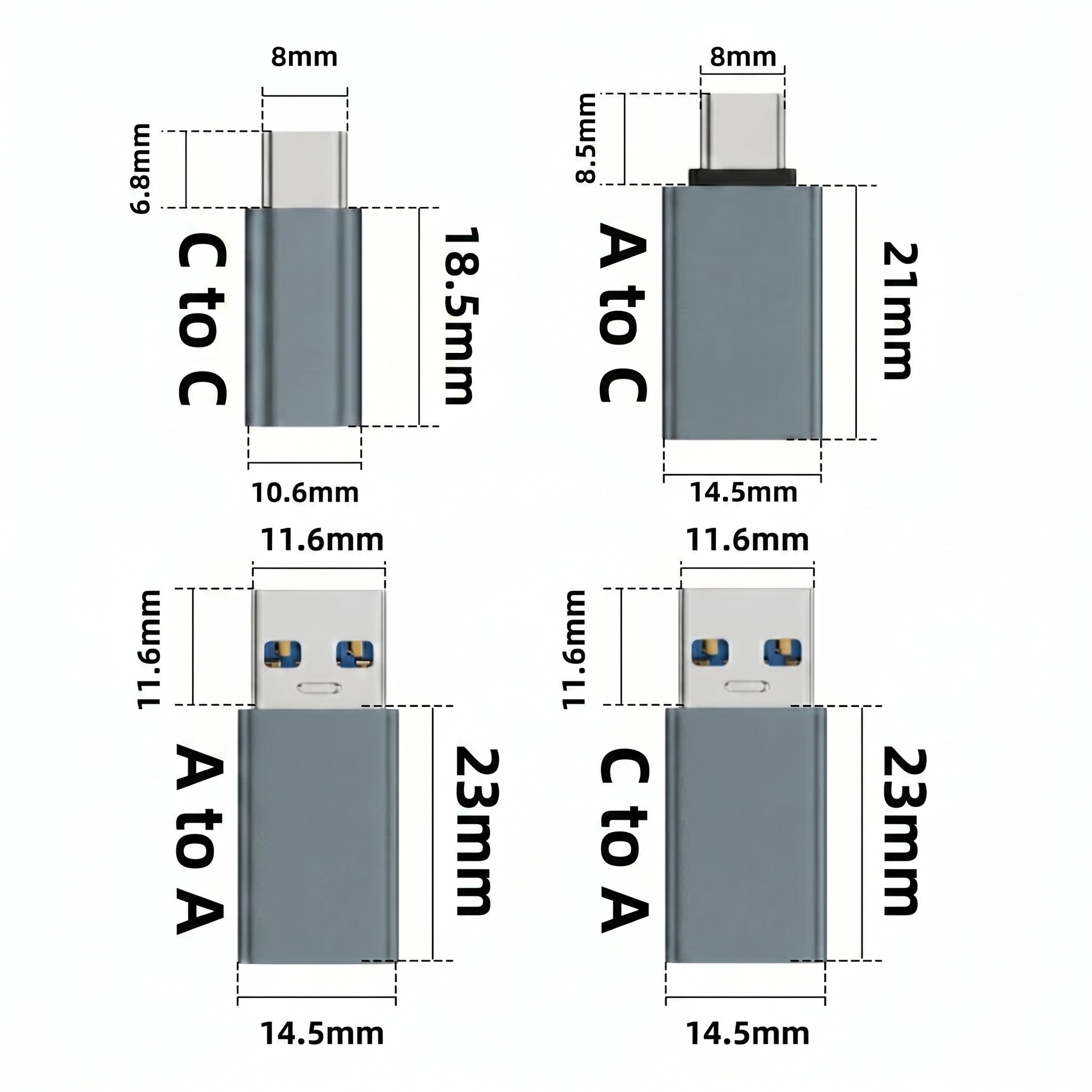 Four blue-gray USB adapters are shown with their dimensions: C to C (18.5mm), A to C (21mm), A to A (23mm), and C to A (23mm).