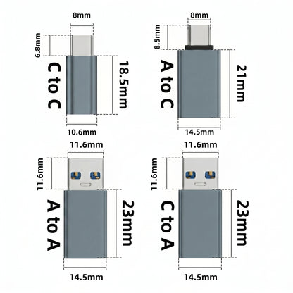 Four blue-gray USB adapters are shown with their dimensions: C to C (18.5mm), A to C (21mm), A to A (23mm), and C to A (23mm).