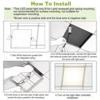 An instructional installation guide with four panels showing how to mount and connect an LED light panel. The top header reads 'How To Install' with notes about t-grid recessed ceiling mounting, surface mounting limitations, and wire polarity.