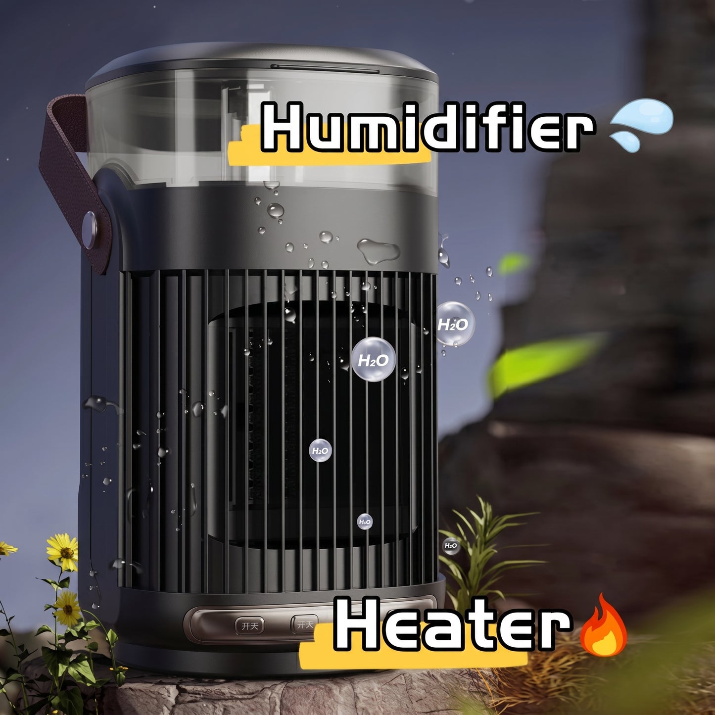 A black 2-in-1 humidifier and heater device with a transparent top and vertical grilles is shown outdoors. Text labels it: Humidifier, Heater.