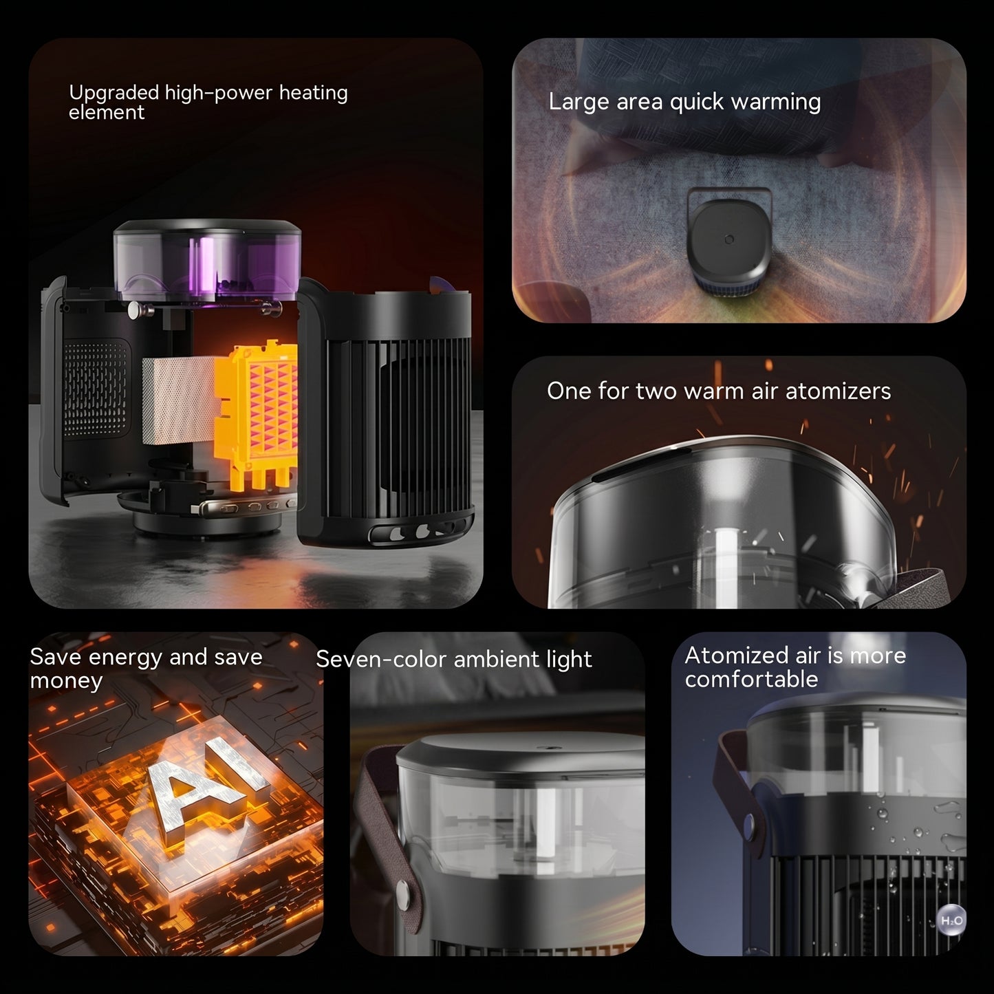 A collage showcasing the Zainzio Heater & Humidifier. Key features: "Upgraded high-power heating element," "Large area quick warming," "Seven-color ambient light," and "Atomized air is more comfortable.