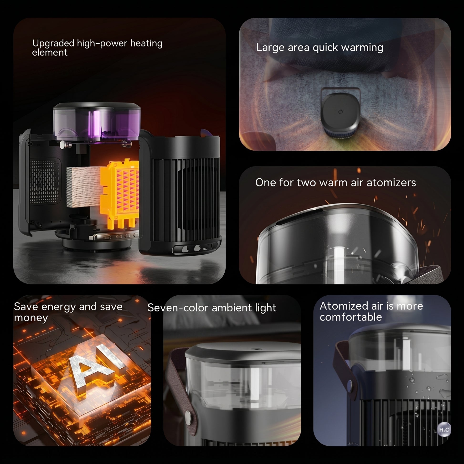 A collage showcasing the Zainzio Heater & Humidifier. Key features: "Upgraded high-power heating element," "Large area quick warming," "Seven-color ambient light," and "Atomized air is more comfortable.