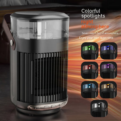 A black cylindrical 2-in-1 heater and humidifier features a clear top with a handle. The image highlights "Colorful spotlights night atmosphere" and showcases examples of its seven LED light colors.