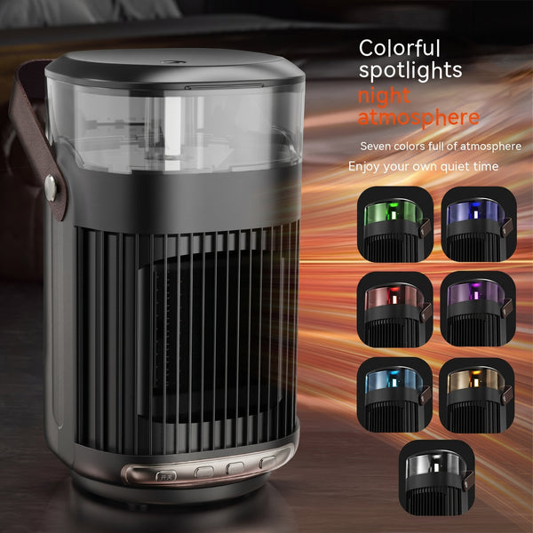 A black cylindrical 2-in-1 heater and humidifier features a clear top with a handle. The image highlights "Colorful spotlights night atmosphere" and showcases examples of its seven LED light colors.