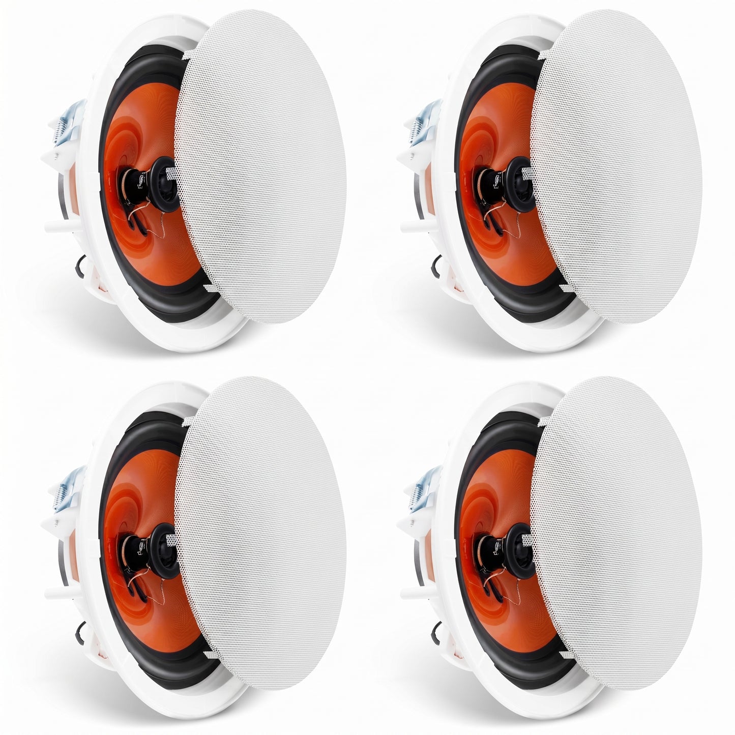 A close-up of four white round in-ceiling speakers arranged in a grid. Each speaker has its white mesh grille partially lifted, revealing an orange cone and black components underneath.