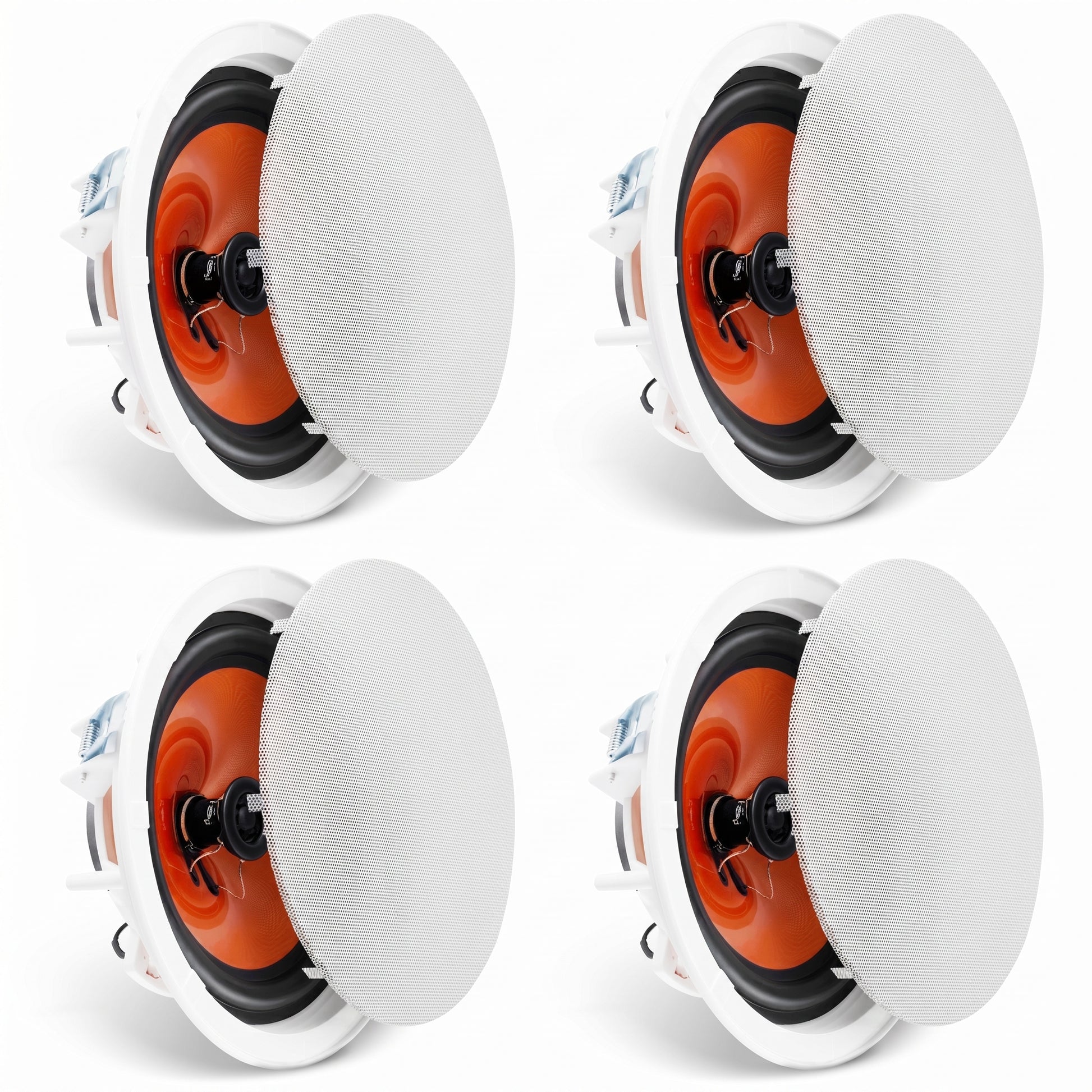 A close-up of four white round in-ceiling speakers arranged in a grid. Each speaker has its white mesh grille partially lifted, revealing an orange cone and black components underneath.