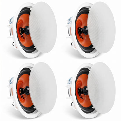 A close-up of four white round in-ceiling speakers arranged in a grid. Each speaker has its white mesh grille partially lifted, revealing an orange cone and black components underneath.