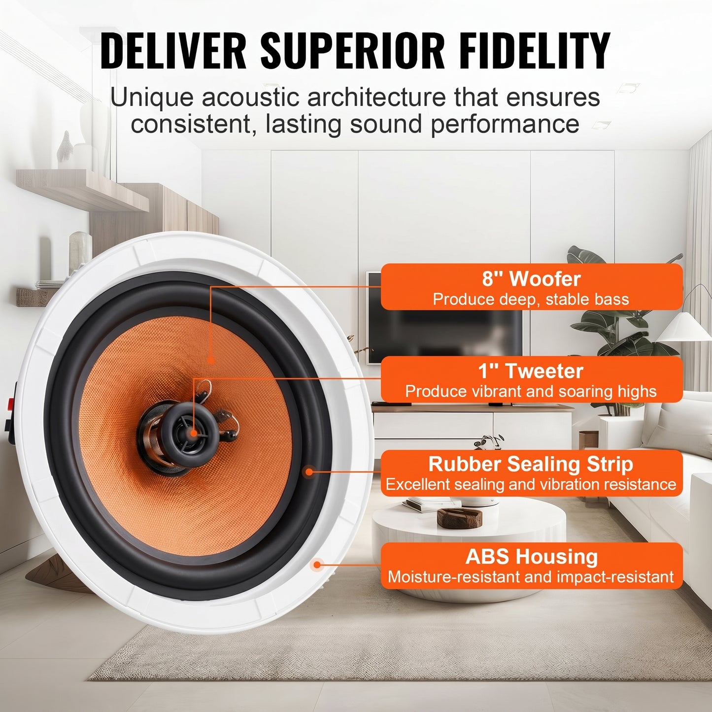 An in-ceiling speaker details its components. Text: DELIVER SUPERIOR FIDELITY. It features an 8" Woofer, 1" Tweeter, Rubber Sealing Strip, and ABS Housing.