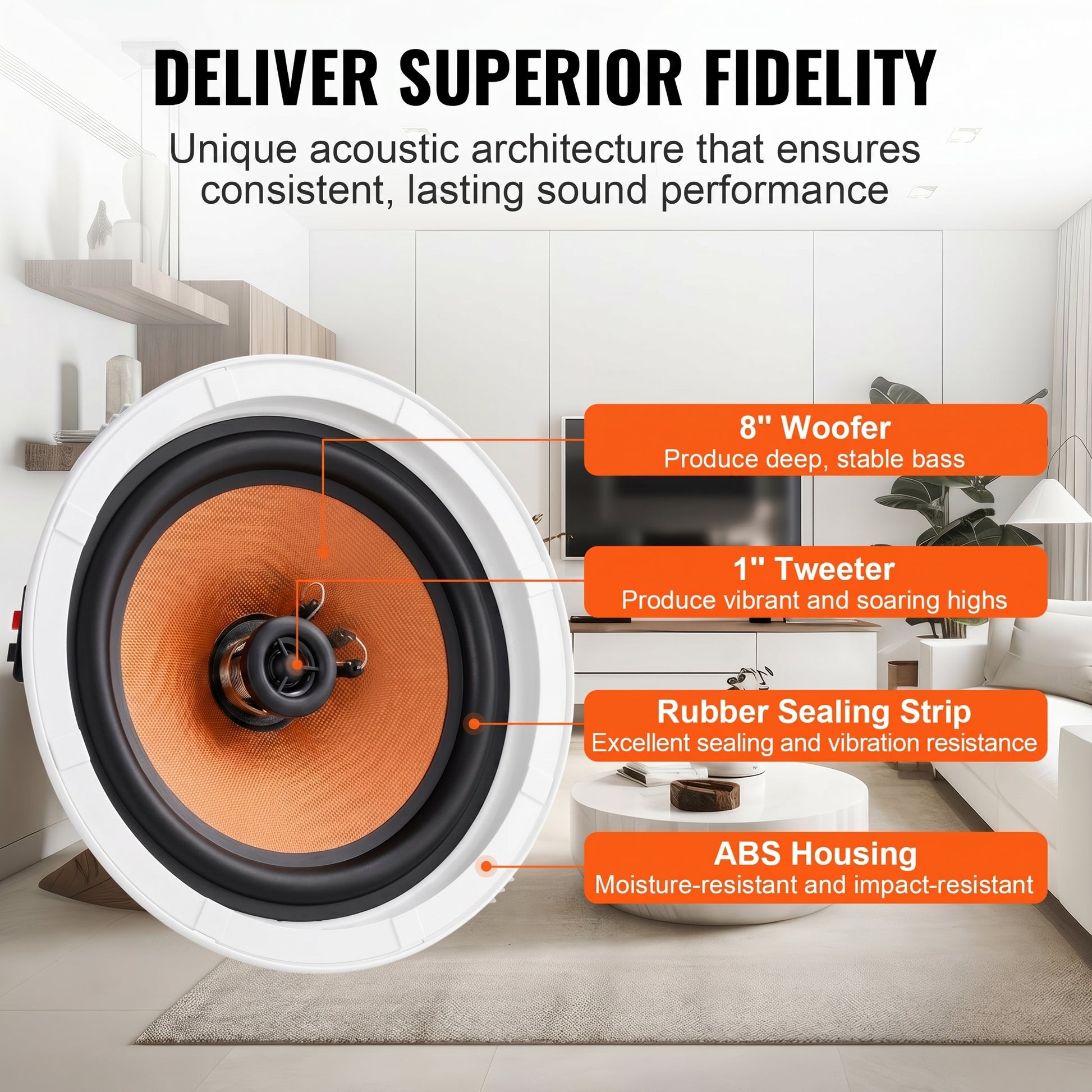 An in-ceiling speaker details its components. Text: DELIVER SUPERIOR FIDELITY. It features an 8" Woofer, 1" Tweeter, Rubber Sealing Strip, and ABS Housing.