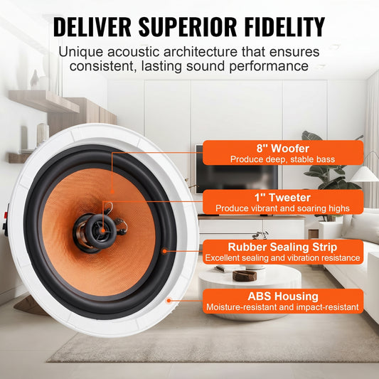 An in-ceiling speaker details its components. Text: DELIVER SUPERIOR FIDELITY. It features an 8" Woofer, 1" Tweeter, Rubber Sealing Strip, and ABS Housing.