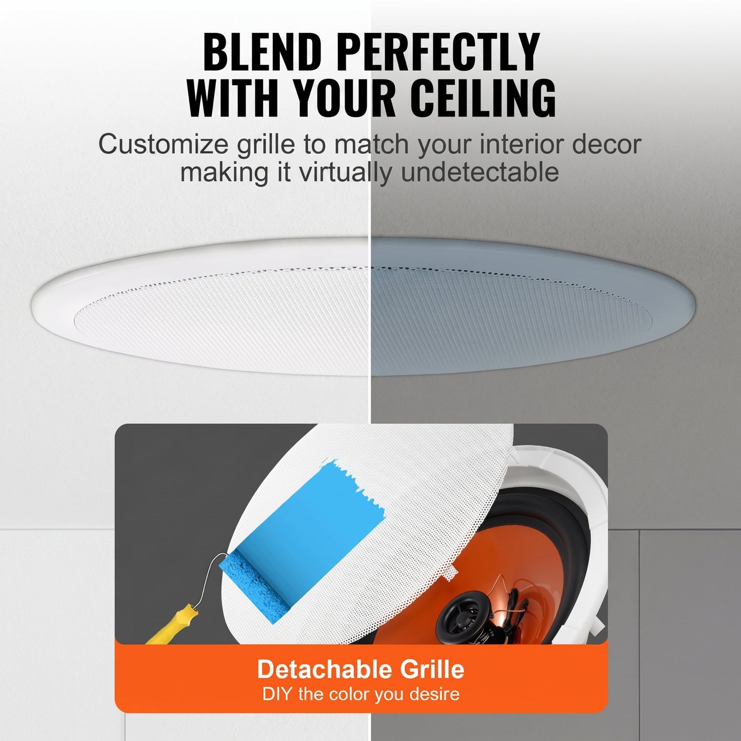A round in-ceiling speaker is shown blending seamlessly into a white ceiling, with an inset demonstrating painting its detachable grille. BLEND PERFECTLY WITH YOUR CEILING. Customize grille to match your interior decor making it virtually undetectable. Detachable Grille. DIY the color you desire.