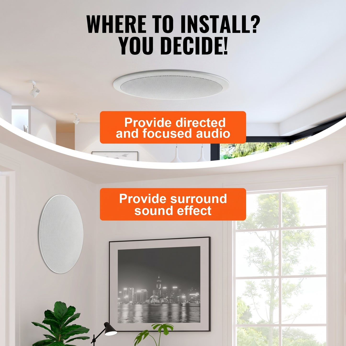 WHERE TO INSTALL? YOU DECIDE!" This image shows white speakers in a ceiling for "directed and focused audio" and on a wall for "surround sound effect.