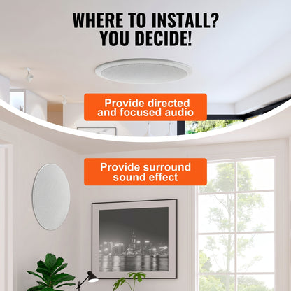 WHERE TO INSTALL? YOU DECIDE!" This image shows white speakers in a ceiling for "directed and focused audio" and on a wall for "surround sound effect.