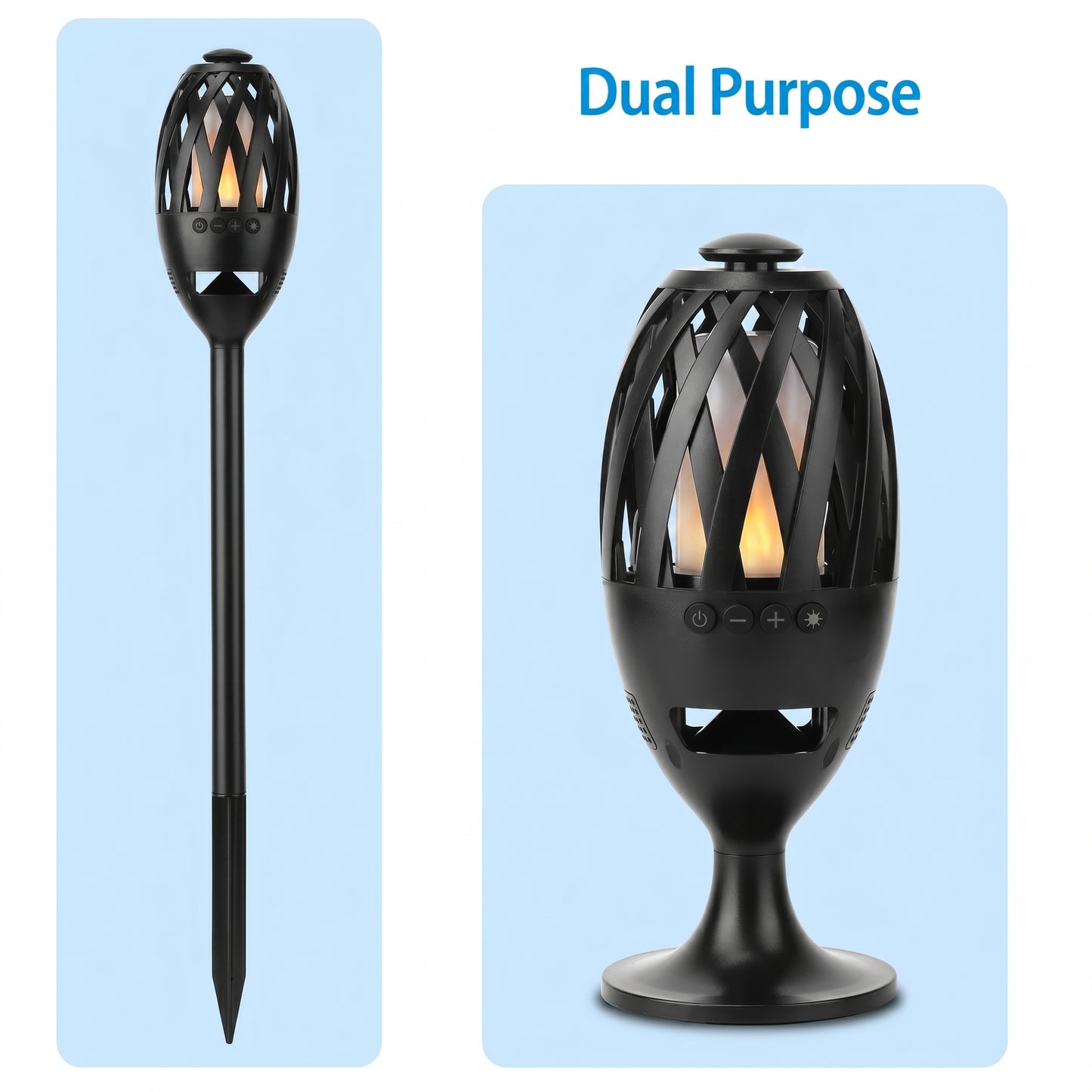 A black LED flame wireless speaker torch is displayed in two configurations: a garden stake and a tabletop lamp. The image highlights its versatility with the text "Dual Purpose.