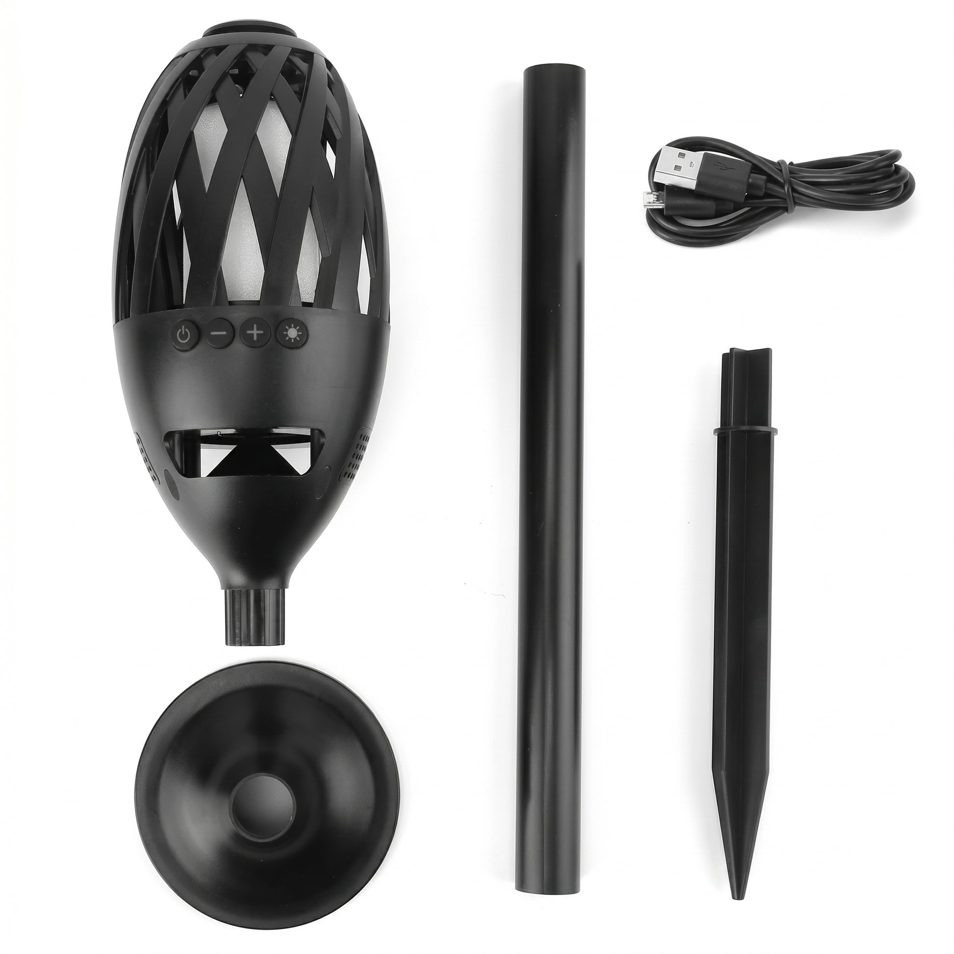 Components of a black Zainzio LED Flame Wireless Speaker Torch, including the speaker unit, a ground stake, a pole, a base, and a USB cable, are displayed on a white background.