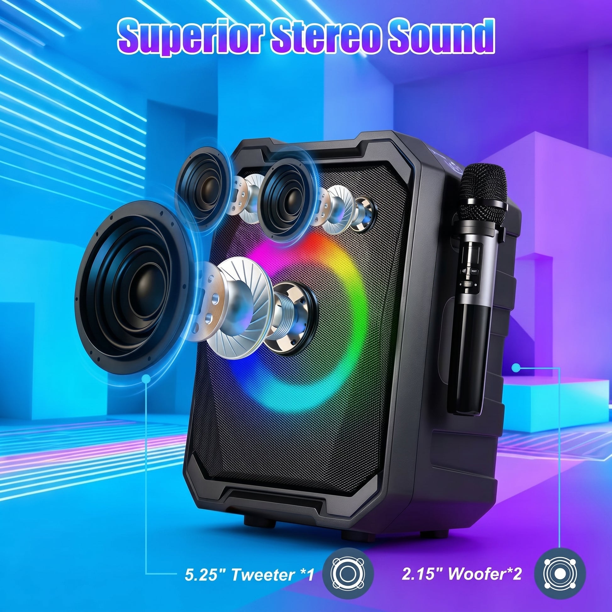 A black portable speaker with "Superior Stereo Sound" at the top, highlighting exposed 5.25" Tweeter *1 and 2.15" Woofer*2, colorful RGB lights, and a microphone.