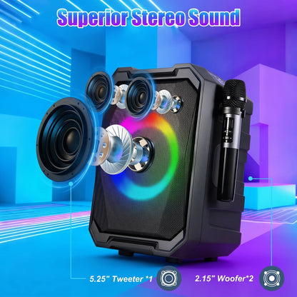 A black portable speaker with "Superior Stereo Sound" at the top, highlighting exposed 5.25" Tweeter *1 and 2.15" Woofer*2, colorful RGB lights, and a microphone.