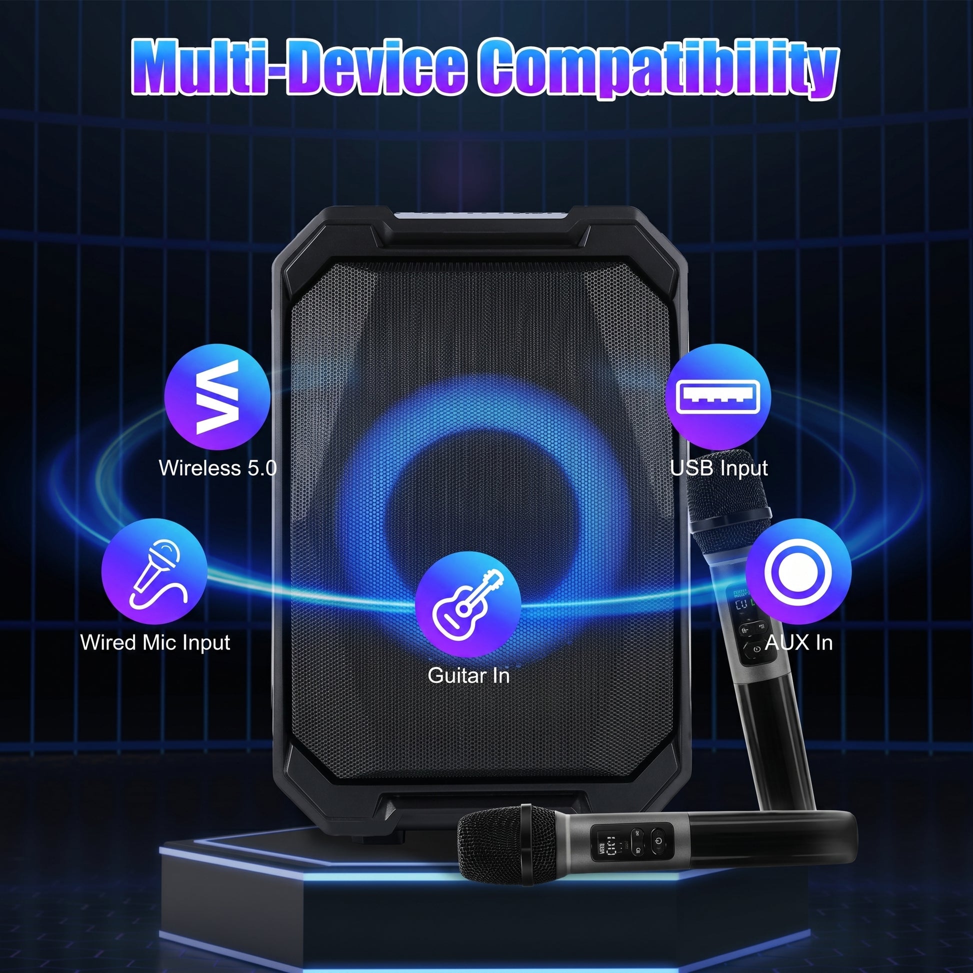 A Zainzio portable party speaker stands with two microphones, highlighting "Multi-Device Compatibility" via "Wireless 5.0," "USB Input," "Wired Mic Input," "Guitar In," and "AUX In" on a dark stage.