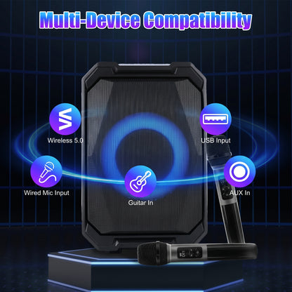 A Zainzio portable party speaker stands with two microphones, highlighting "Multi-Device Compatibility" via "Wireless 5.0," "USB Input," "Wired Mic Input," "Guitar In," and "AUX In" on a dark stage.