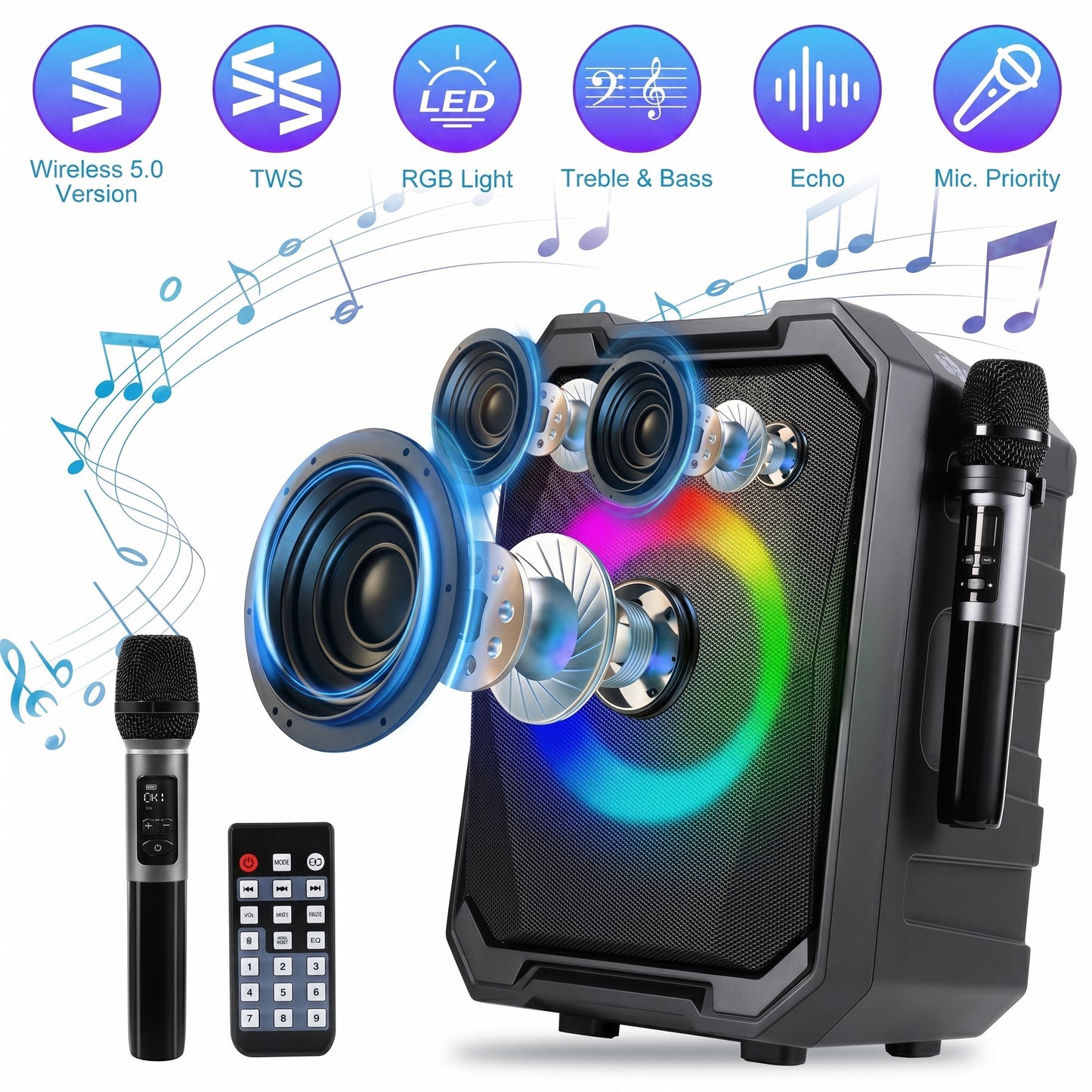 A black portable party speaker with an RGB light, two microphones, and a remote. Features: Wireless 5.0 Version, TWS, LED, RGB Light, Treble & Bass, Echo, Mic. Priority.