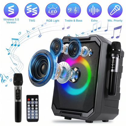 A black portable party speaker with an RGB light, two microphones, and a remote. Features: Wireless 5.0 Version, TWS, LED, RGB Light, Treble & Bass, Echo, Mic. Priority.