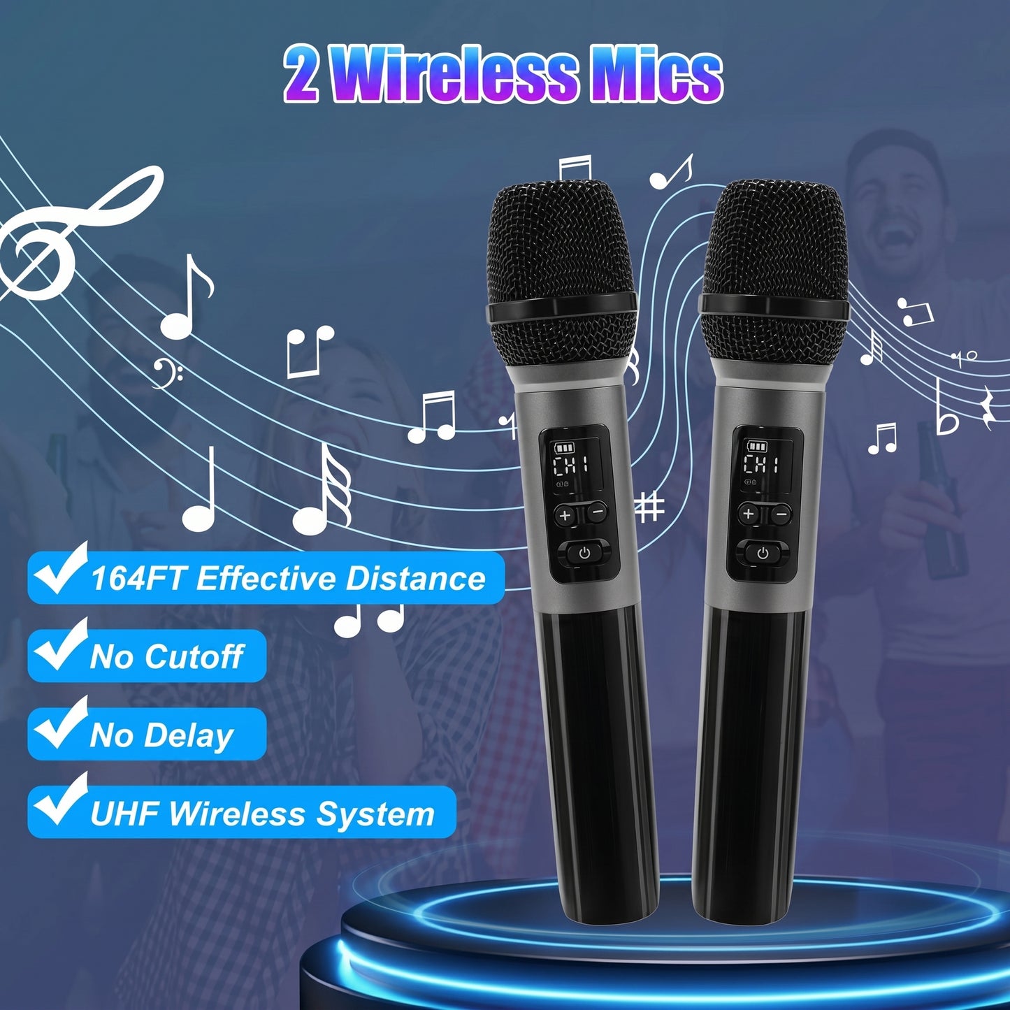 Two black and silver wireless microphones are shown, highlighting features like 164FT Effective Distance, No Cutoff, No Delay, and UHF Wireless System. The image is captioned "2 Wireless Mics.