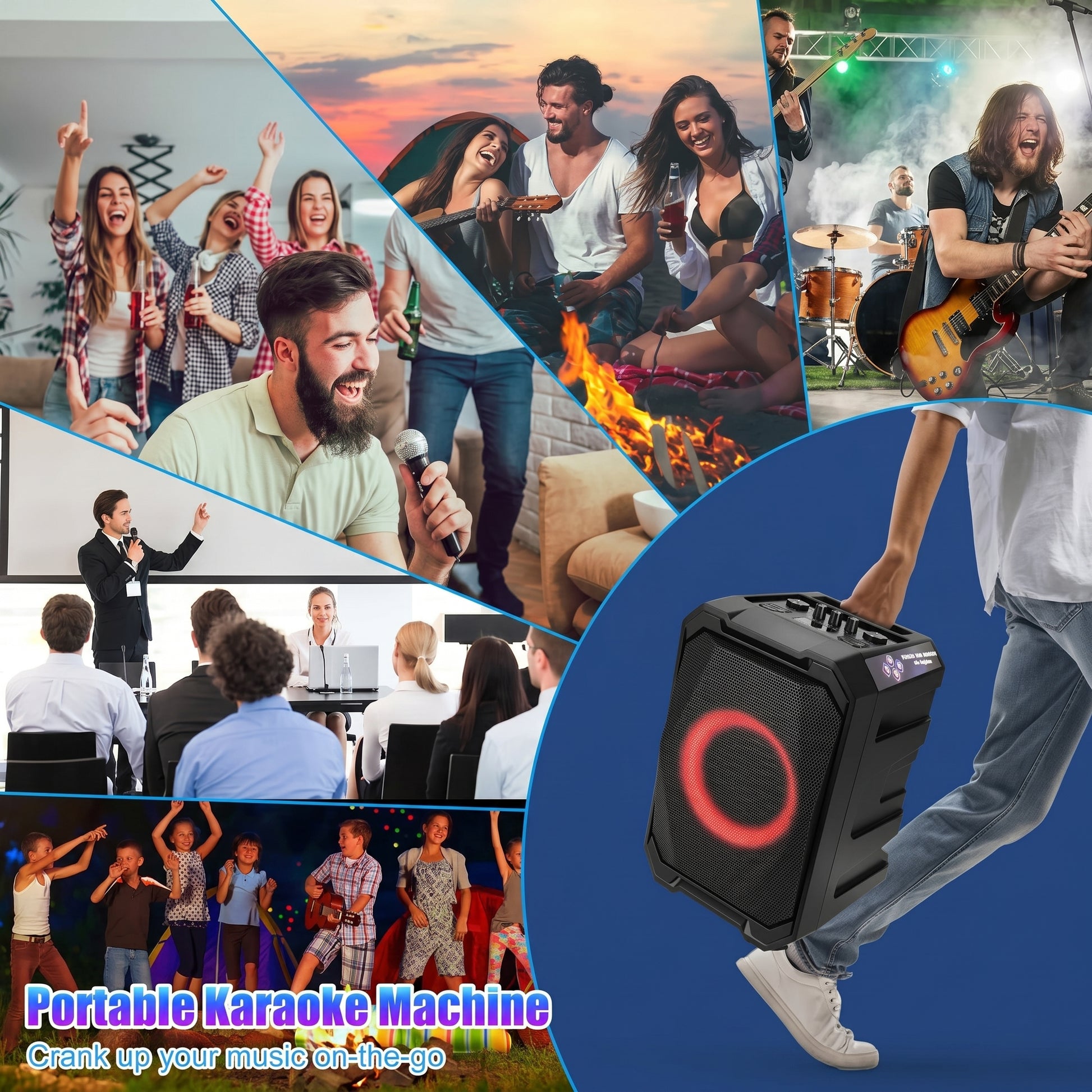 A vibrant collage shows diverse groups enjoying a portable party speaker, with a person carrying the black speaker, illuminated with red lights, as the central focus. Text: Portable Karaoke Machine, Crank up your music on-the-go.