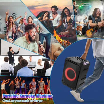 A vibrant collage shows diverse groups enjoying a portable party speaker, with a person carrying the black speaker, illuminated with red lights, as the central focus. Text: Portable Karaoke Machine, Crank up your music on-the-go.