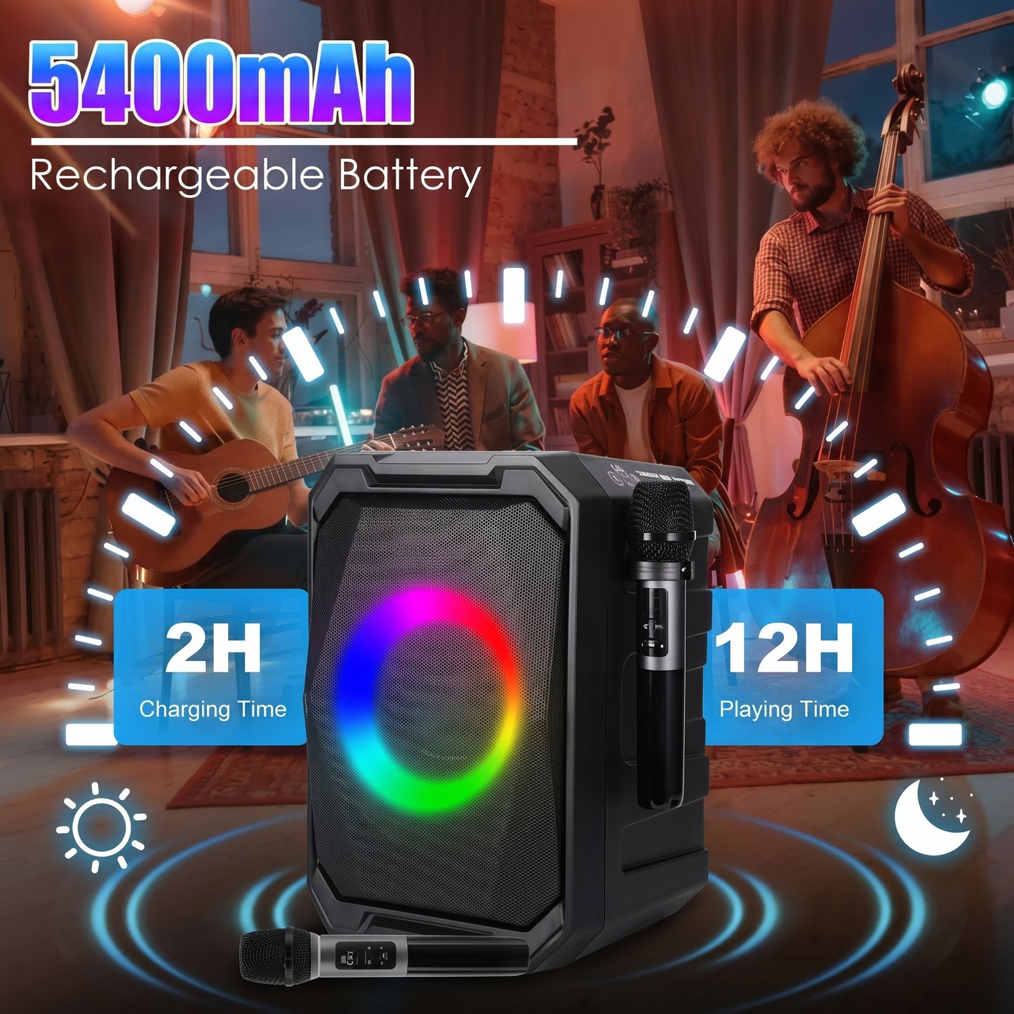 A black portable party speaker with RGB lights and two mics, set against musicians playing. Text highlights: 5400mAh Rechargeable Battery, 2H Charging Time, 12H Playing Time.