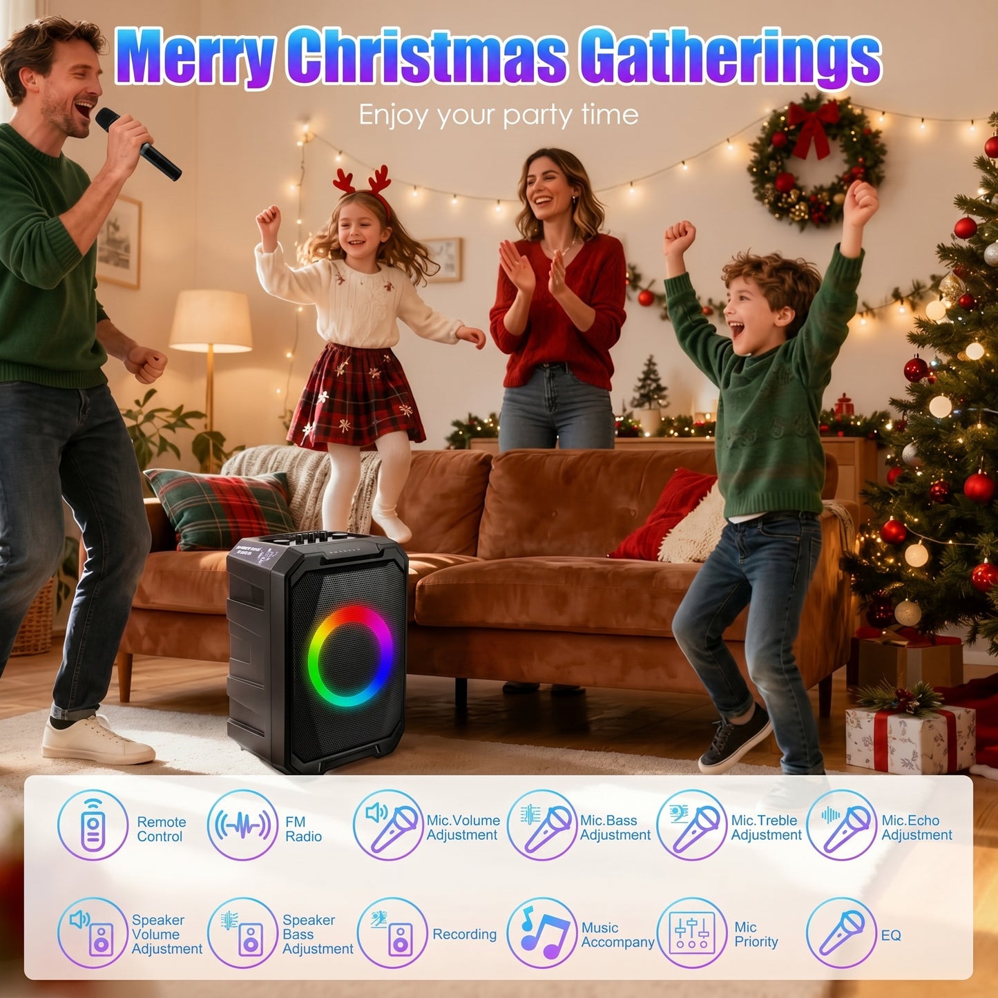 A family enjoys a Christmas gathering with a man singing into a mic, next to a portable speaker with RGB lights. Text: "Merry Christmas Gatherings, Enjoy your party time.