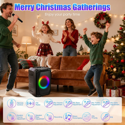 A family enjoys a Christmas gathering with a man singing into a mic, next to a portable speaker with RGB lights. Text: "Merry Christmas Gatherings, Enjoy your party time.