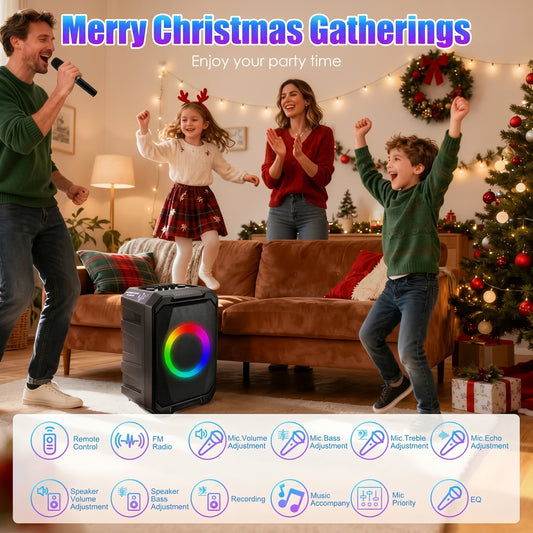A family enjoys a Christmas gathering with a man singing into a mic, next to a portable speaker with RGB lights. Text: "Merry Christmas Gatherings, Enjoy your party time.