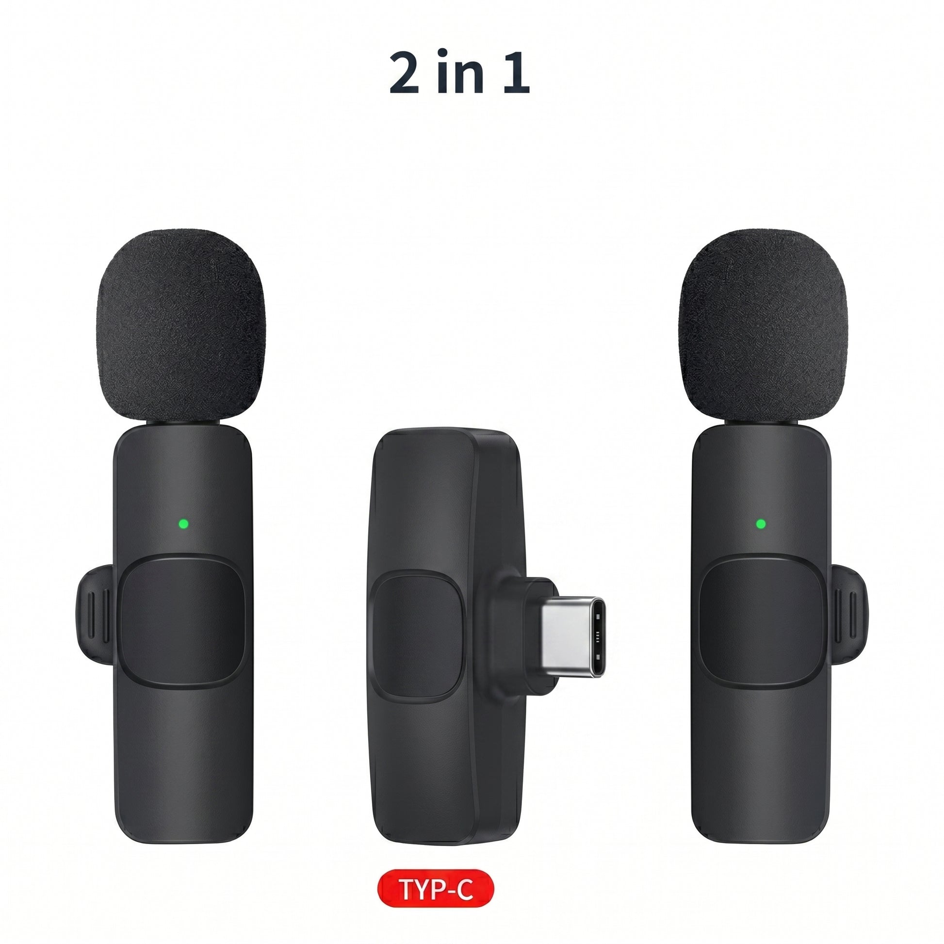 Three black wireless microphone components are displayed: two microphones with foam windscreens and a receiver with a Type-C connector. Text reads: 2 in 1, TYP-C.